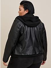 Black Mixed Media Hooded Moto Jacket, DEEP BLACK, alternate