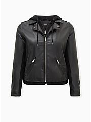 Black Mixed Media Hooded Moto Jacket, DEEP BLACK, hi-res