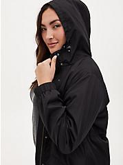 Black Nylon Hooded Longline Rain Jacket, DEEP BLACK, alternate