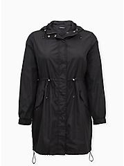 Black Nylon Hooded Longline Rain Jacket, DEEP BLACK, hi-res