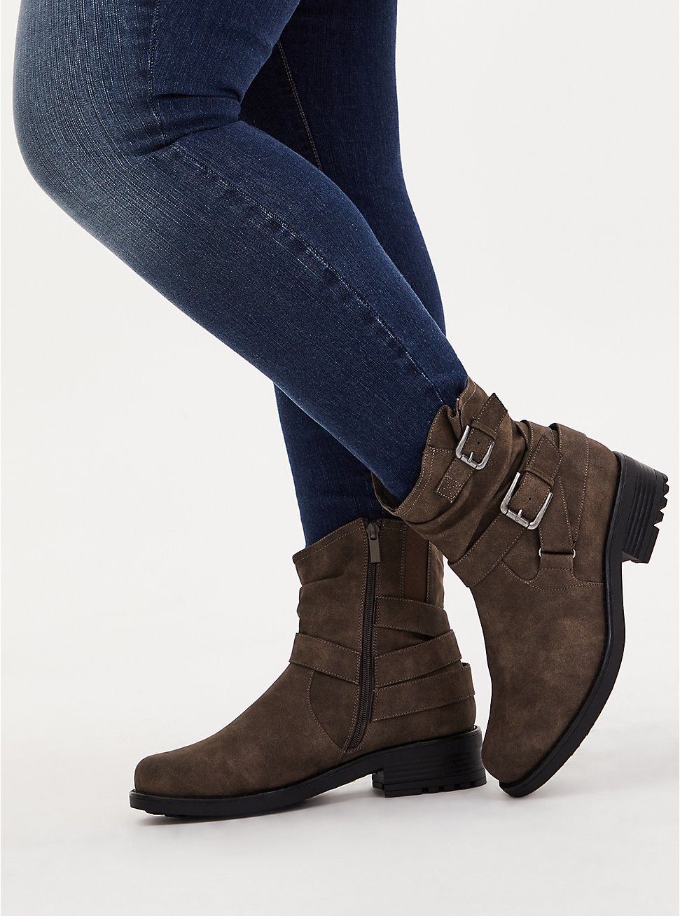 Plus Size - Dark Taupe Faux Leather Double Buckle Moto Boot (WW) - Torrid