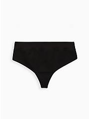 Black Ribbed Seamless Thong Panty, RICH BLACK, hi-res