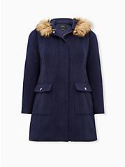 Wool Zip Front Fur Trim Coat, PEACOAT, hi-res