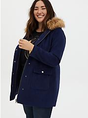 Wool Zip Front Fur Trim Coat, PEACOAT, hi-res