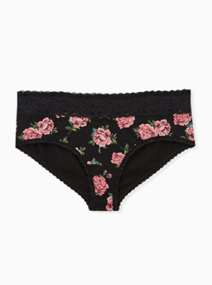 Plus Size - Black Floral Wide Lace Cotton Cheeky Panty - Torrid