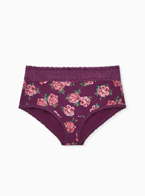 Plus Size - Purple Floral Wide Lace Cotton Brief Panty - Torrid