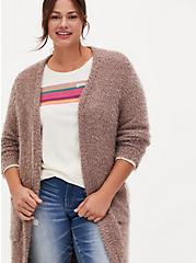 Plus Size Popcorn Duster Open Front Sweater, TOFFEE BROWN, alternate
