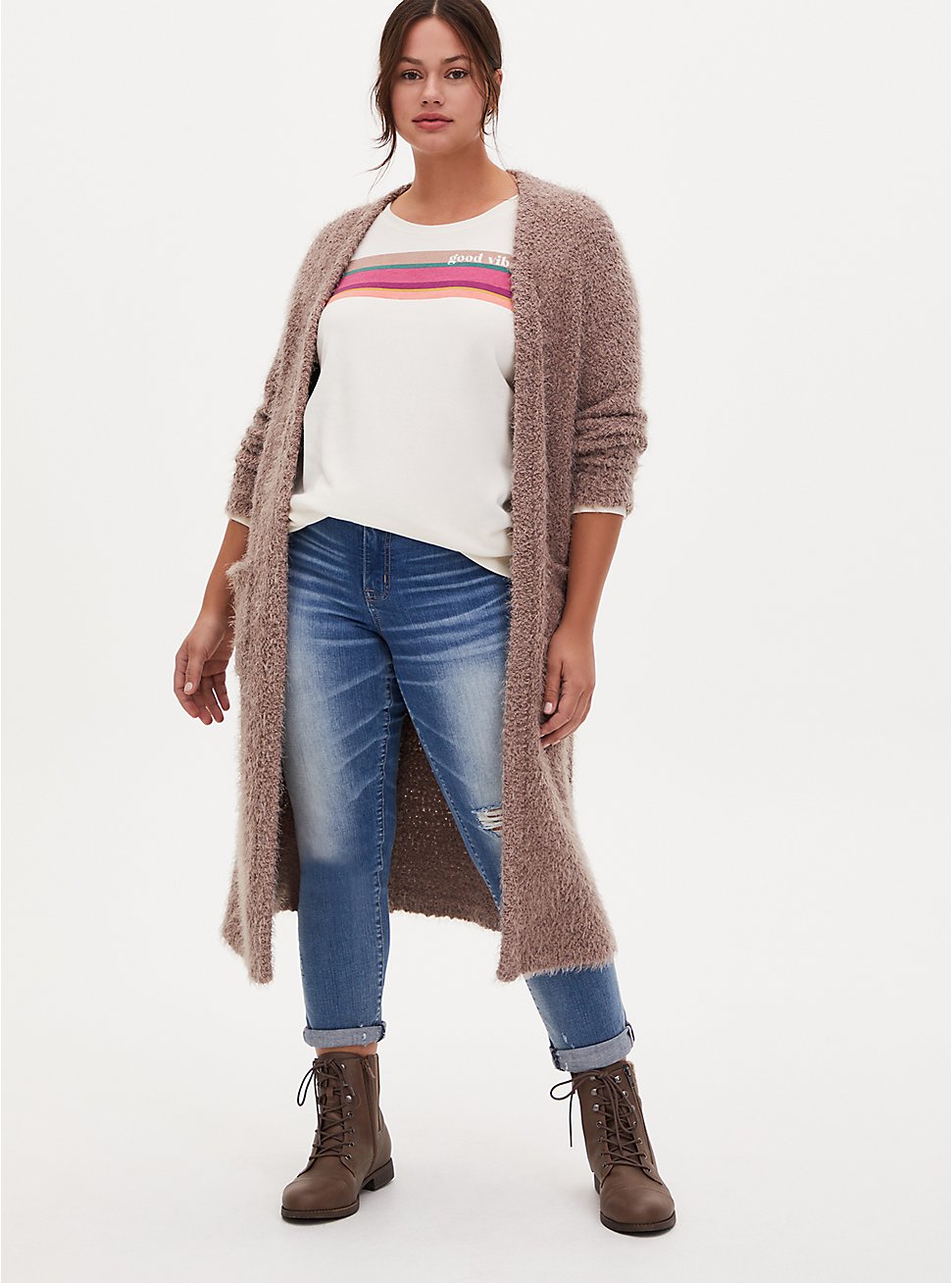 Plus Size Popcorn Duster Open Front Sweater, TOFFEE BROWN, hi-res