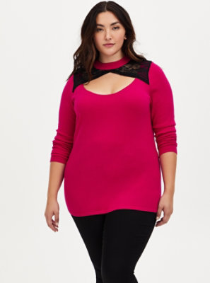 Plus Size - Hot Pink Lace Keyhole Pullover Top - Torrid