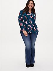 Teal Floral Georgette Fit & Flare Blouse, FLORALS-TURQUISE, alternate
