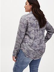 Plus Size Grey Camo Brushed Button Front Relaxed Fit Shirt, CAMO, alternate