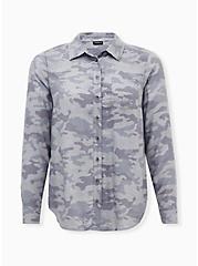Grey Camo Brushed Button Front Relaxed Fit Shirt, CAMO, hi-res