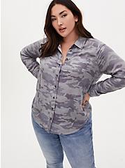 Plus Size Grey Camo Brushed Button Front Relaxed Fit Shirt, CAMO, hi-res