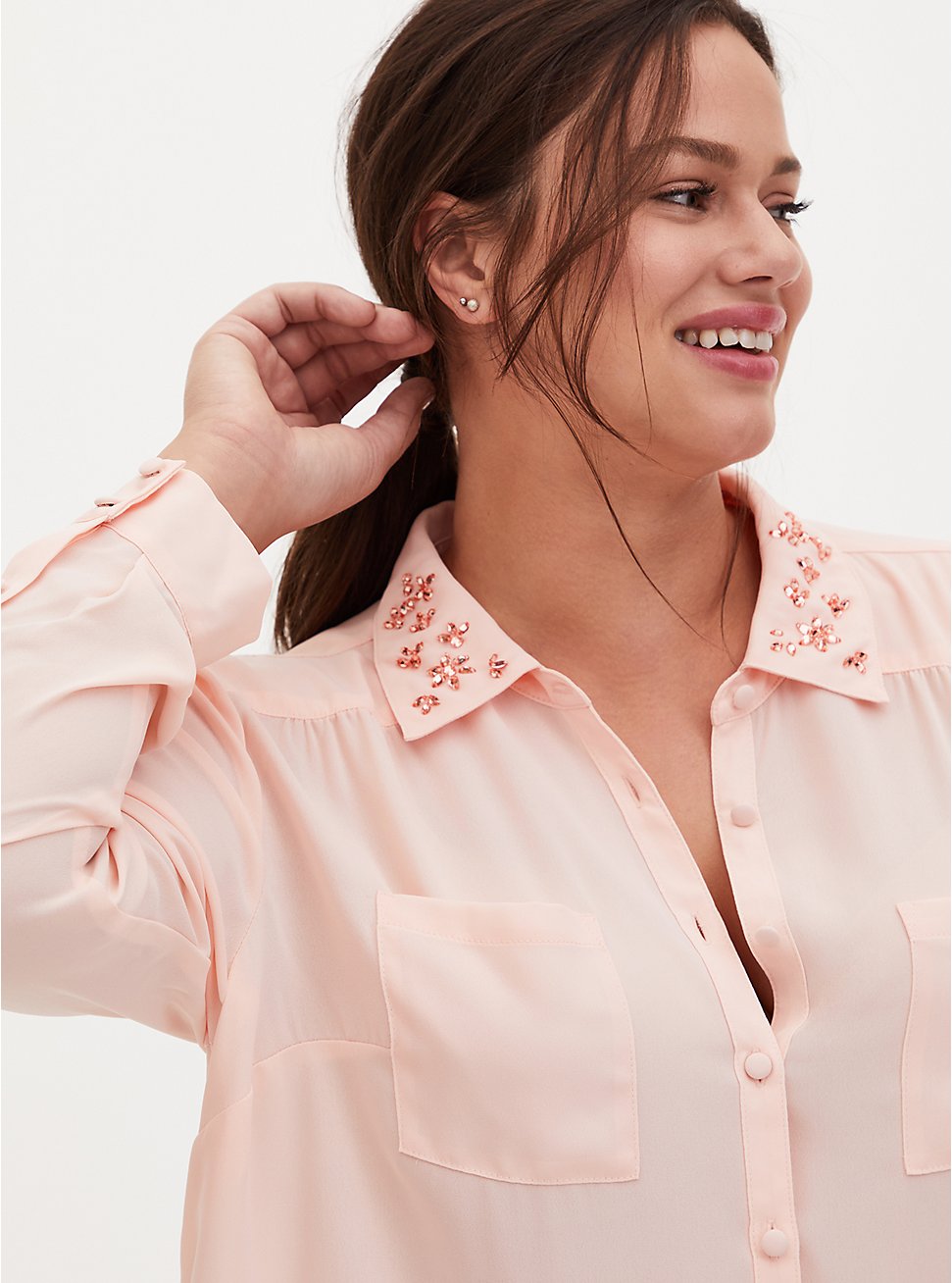Madison - Light Pink Georgette Embellished Collar Button Front Blouse, PALE BLUSH, hi-res