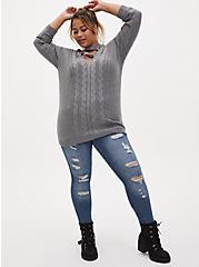 Cable Pullover Cage Neck Sweater, HEATHER GREY, alternate