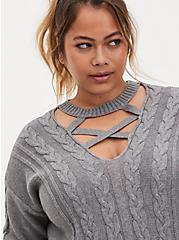 Plus Size Cable Pullover Cage Neck Sweater, HEATHER GREY, alternate