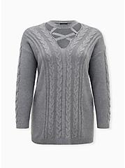 Plus Size Cable Pullover Cage Neck Sweater, HEATHER GREY, hi-res