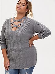 Cable Pullover Cage Neck Sweater, HEATHER GREY, hi-res