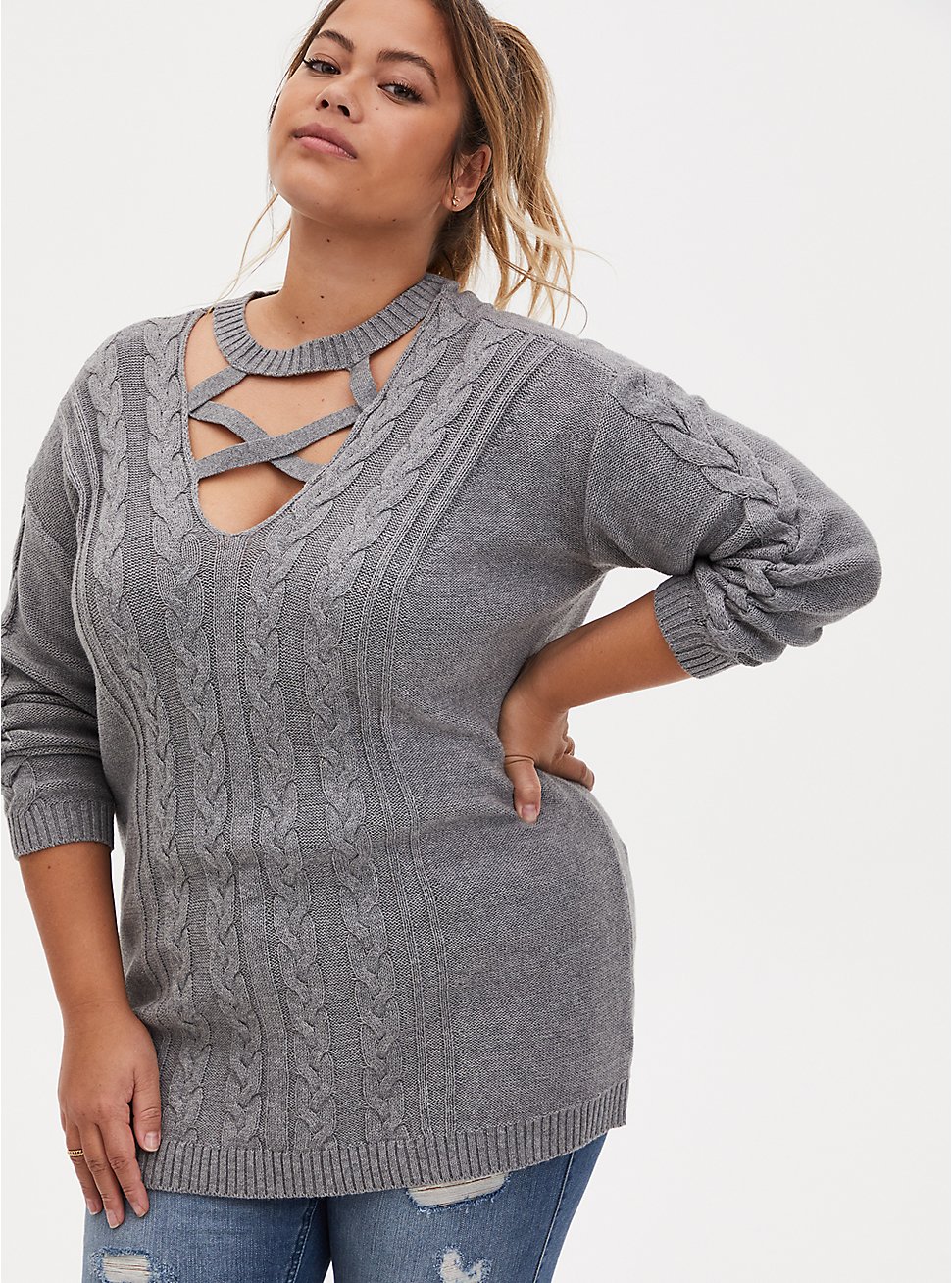 Plus Size Cable Pullover Cage Neck Sweater, HEATHER GREY, hi-res