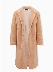 Beige Faux Fur Open Front Longline Teddy Coat, MACCHIATO BEIGE, hi-res
