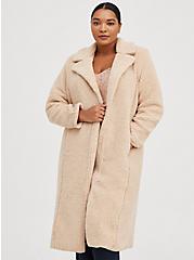 Plus Size Beige Faux Fur Open Front Longline Teddy Coat, MACCHIATO BEIGE, hi-res