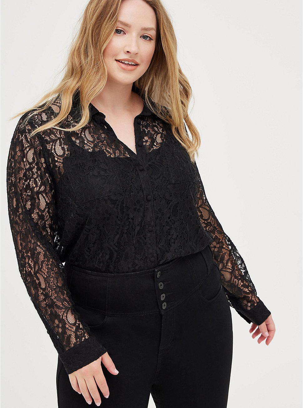 Plus Size Button Front Madison Blouse - Sheer Lace Black, DEEP BLACK, hi-res