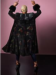 Betsey Johnson Black Velvet Floral Faux Fur Trim Longline Coat, FLORAL BLACK, alternate
