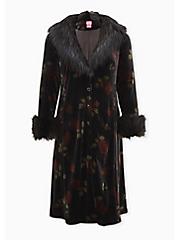 Betsey Johnson Black Velvet Floral Faux Fur Trim Longline Coat, FLORAL BLACK, hi-res