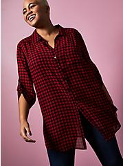 Betsey Johnson Red Houndstooth Sheer Chiffon Tunic, PLAID RED, hi-res