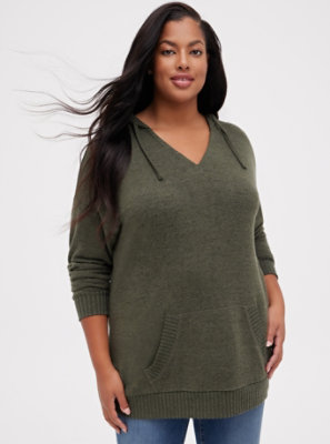 Plus Size - Super Soft Plush Olive Green Relaxed Tunic Hoodie - Torrid