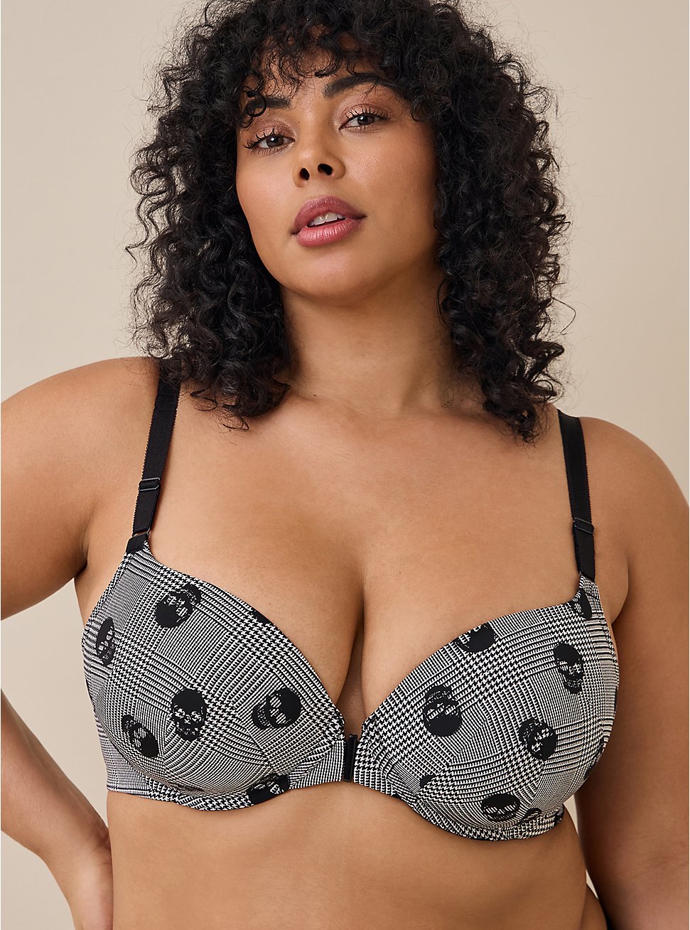 T-Shirt Lightly Lined Print Front Close 360° Back Smoothing™ Bra, SKULL ON PLAID WHITE, hi-res