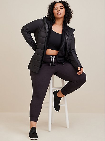 Plus Size Active Puffer Jacket  - Nylon & Fleece Black, BLACK, alternate