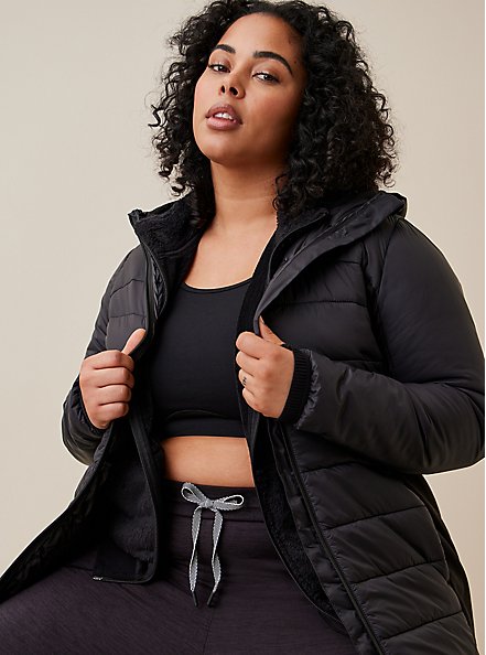 Plus Size Active Puffer Jacket  - Nylon & Fleece Black, BLACK, hi-res