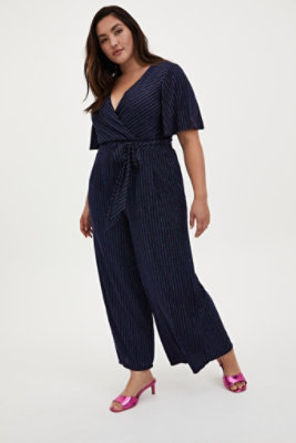 Plus Size - Dark Blue & Multi Stripe Shimmer Surplice Jumpsuit - Torrid