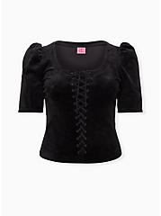 Plus Size Betsey Johnson Black Velvet Puff Sleeve Corset Top, DEEP BLACK, hi-res