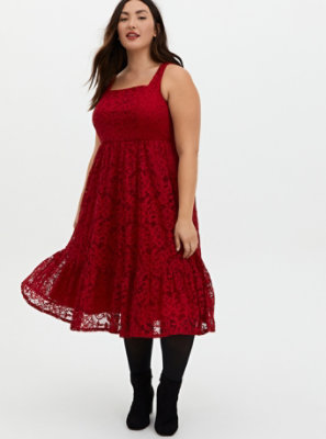 Plus Size - Red Lace Square Neck Midi Skater Dress - Torrid