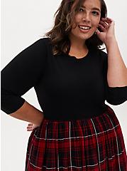 Plus Size Black & Red Plaid Knit-to-Woven Skater Dress, , alternate
