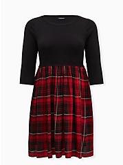 Plus Size Black & Red Plaid Knit-to-Woven Skater Dress, , hi-res