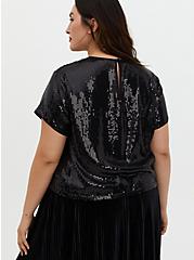Plus Size Black Sequin Crop Top, DEEP BLACK, alternate