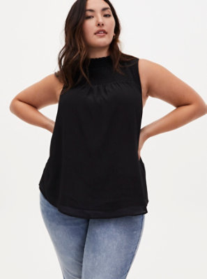 Plus Size - Black Chiffon Smocked Mock Neck Tank - Torrid