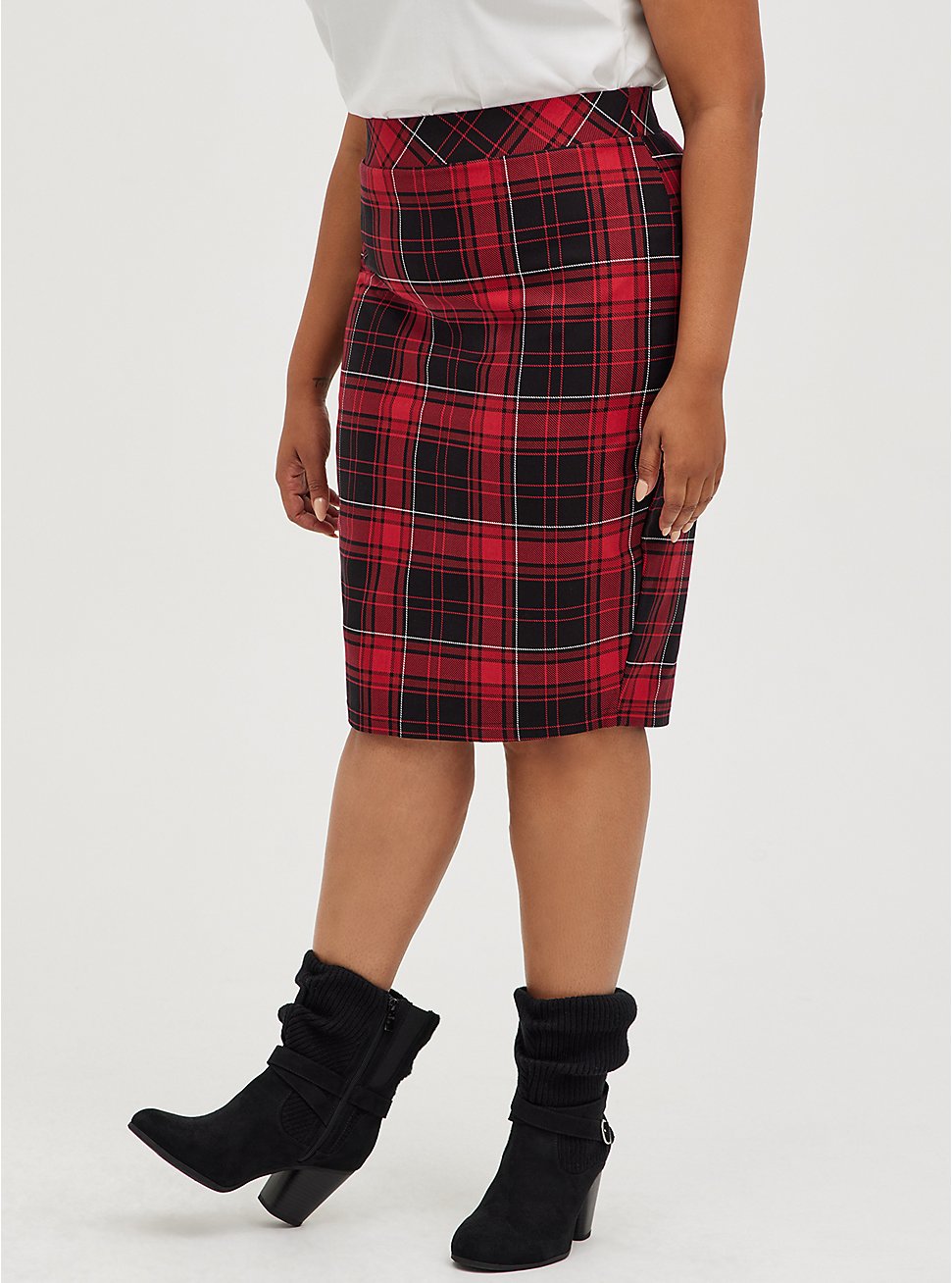 Plus Size Red & Black Plaid Stretch Ponte Pencil Skirt, PLAID - RED, hi-res