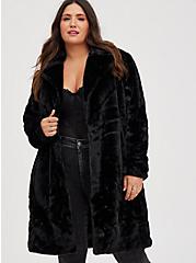 Black Plush Faux Fur Coat, DEEP BLACK, hi-res