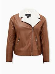 Cognac Faux Leather Sherpa Lined Moto Jacket, COGNAC, hi-res