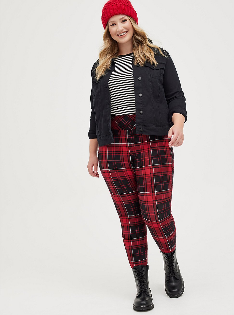 Plus Size Pixie Pant - Luxe Ponte Red Plaid, PLAID - RED, hi-res