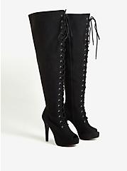 Plus Size Open Toe Lace-Up Over-The-Knee Platform Boot - Black Faux Suede (WW), BLACK, alternate