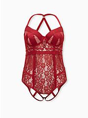 Plus Size Dark Red Lace Cage Underwire Bodysuit, BIKING RED, hi-res