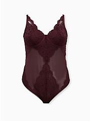 Burgundy Purple Mesh & Lace Underwire Thong Bodysuit, WINETASTING, hi-res