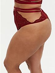 Plus Size Dark Red Lace Cutout Cage High Waist Thong Panty, BIKING RED, alternate