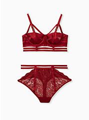 Plus Size Dark Red Lace Cutout Cage High Waist Thong Panty, BIKING RED, alternate