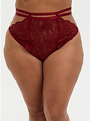 Plus Size Dark Red Lace Cutout Cage High Waist Thong Panty, BIKING RED, hi-res